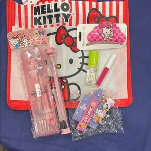 Hello Kitty Red and Pink Tote silverware set,toothbrush, fat oil, daisy keychain